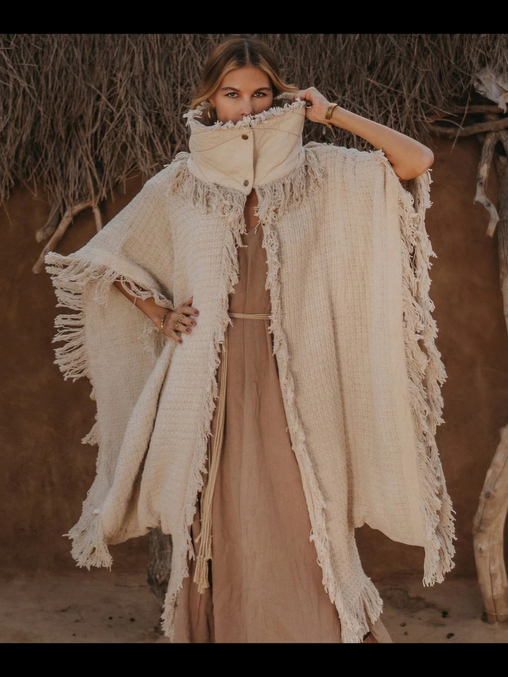 Chintamani Cream Fringe Knit Poncho Coat - Picture 3 of 6